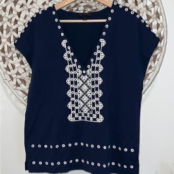 J. Crew navy and white Eyelet blouse size small like new condition - Picture 1 of 6